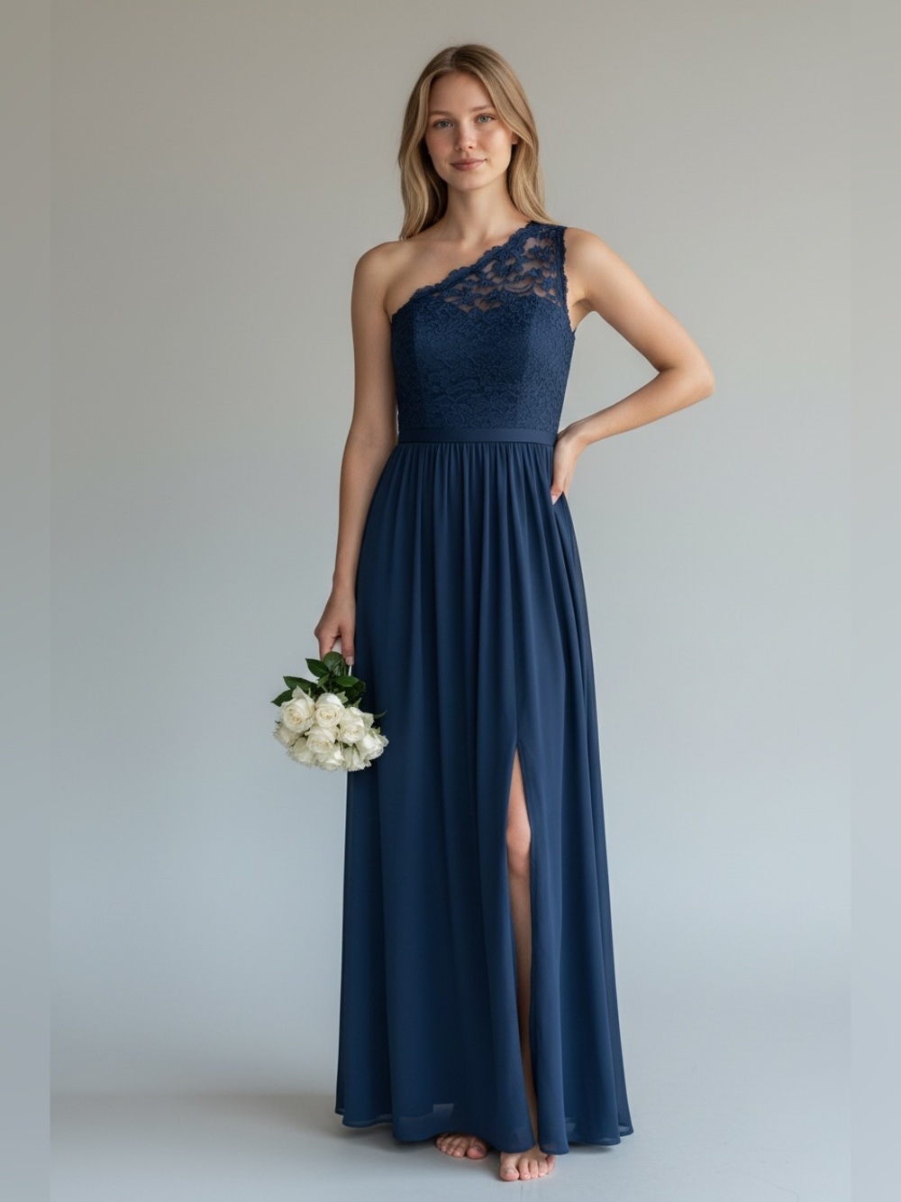 DAVIDS BRIDAL Women’s Dress Maxi Blue Lace Bodice One Shoulder Size 16 EUC